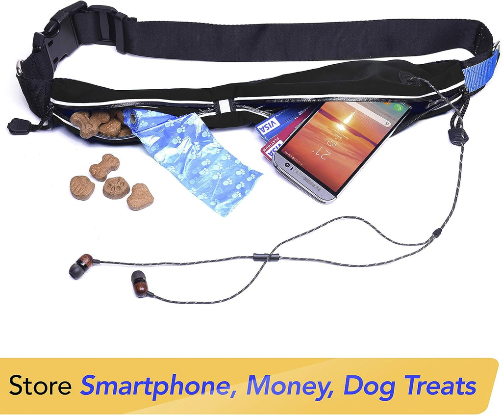 Retractable Hands Free Dog Leash W/Smartphone Pouch – Dual Handle Bungee Waist Leash for up to 150 Lbs Large Dogs (Black - Blue W/Smartphone Pouch)