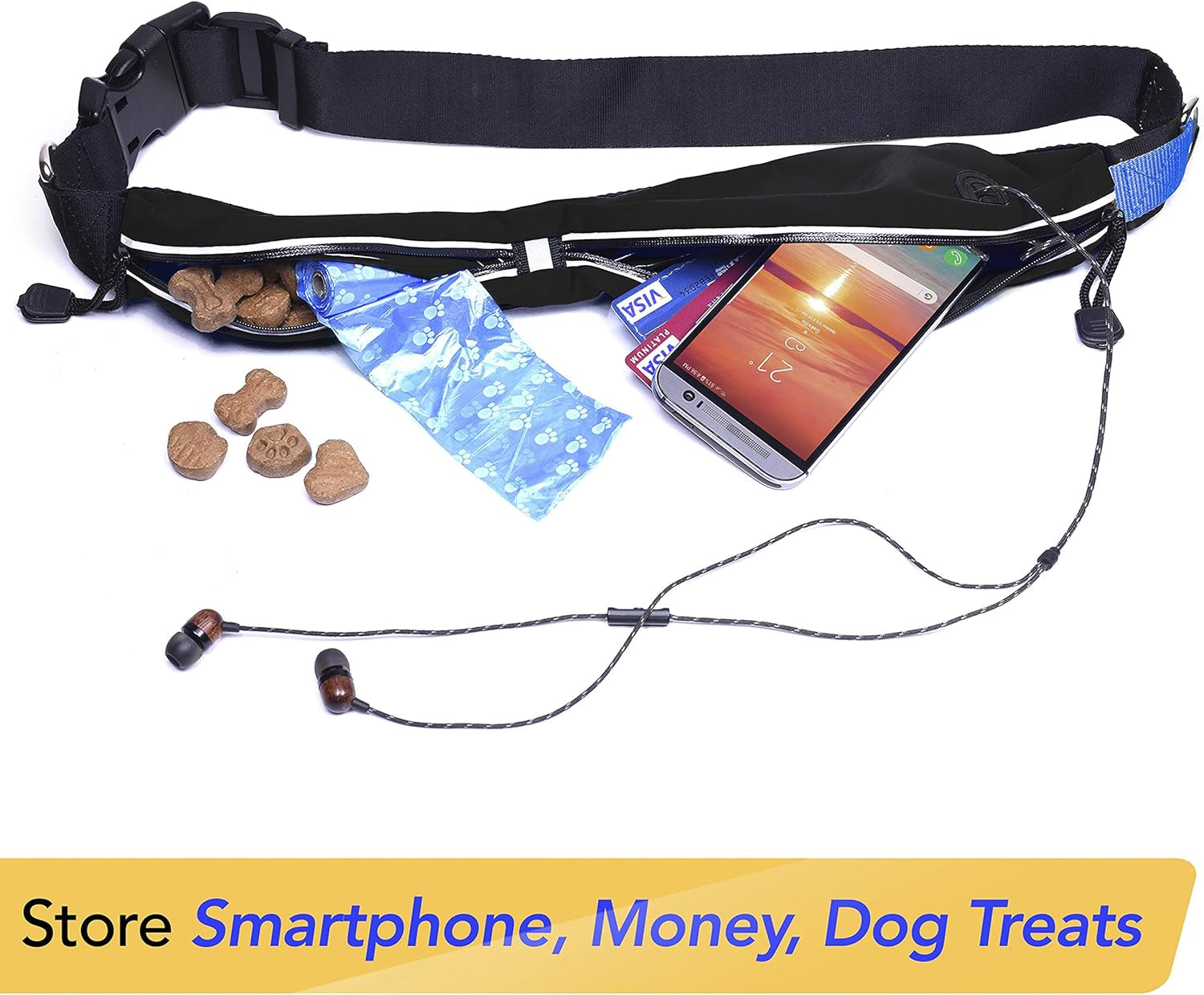 Retractable Hands Free Dog Leash W/Smartphone Pouch – Dual Handle Bungee Waist Leash for up to 150 Lbs Large Dogs (Black - Blue W/Smartphone Pouch)