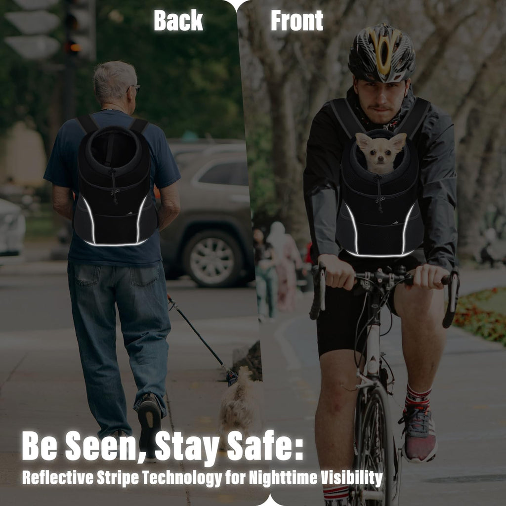 Dog Front Carrier Backpack, Adjustable Breathable Pet Carrier for Small Dogs Cats, Ventilated Puppy Back Pack with Safety Belt, Lightweight Doggy Backpack for Hiking Outdoor (Black, M)