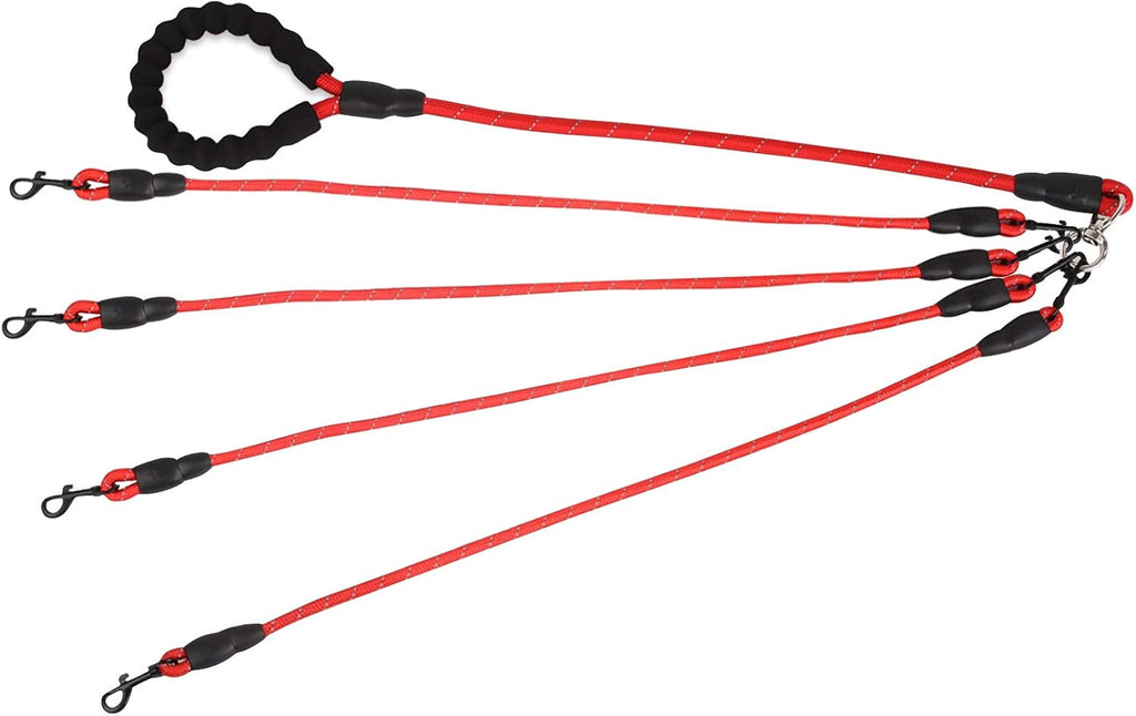 Greeney 4-Way Dog Leash, No-Tangle Multi-Dog Rope Leash, Nylon, Red