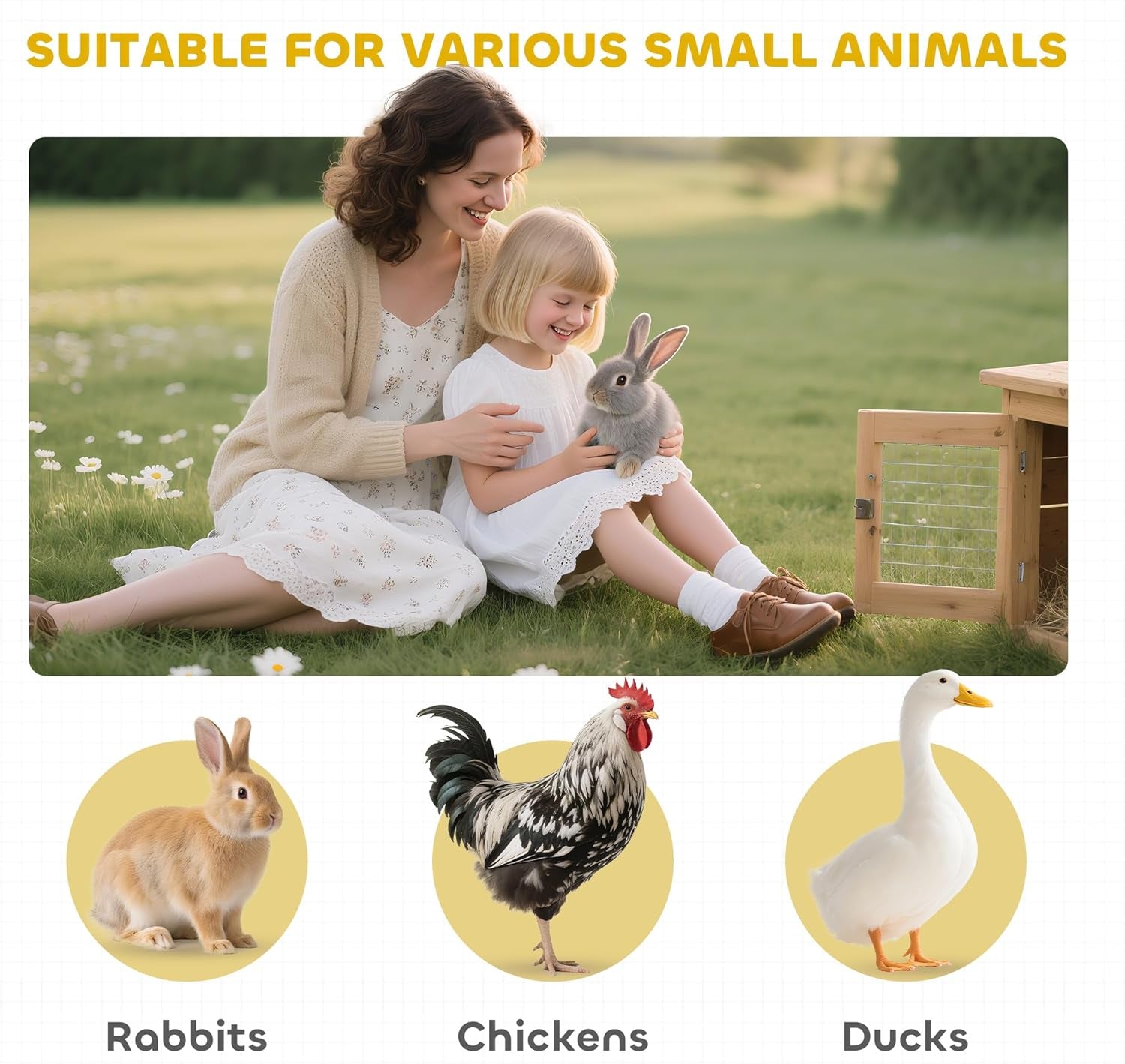 Small Wooden Rabbit Hutch Bunny Cage Guinea Pig Cage Duck House Dog House with Openable & Waterproof Roof, Natural