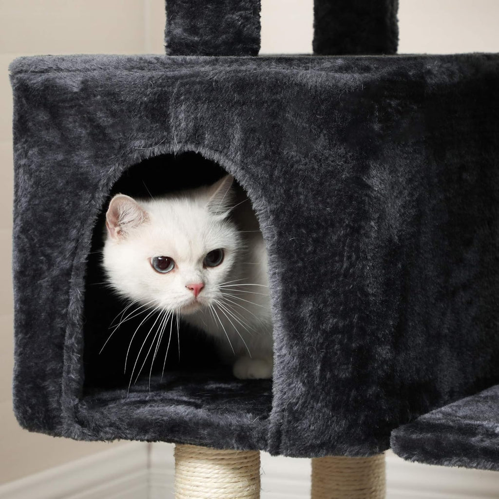 FEANDREA Multi-Level Cat Tree with Cat Cave, Basket Lounger, Padded Perch, Cat Tower, Stable and Safe Plush Cat Condo with Sisal Posts for Kitten, Old Cat, Chubby Cat, Smoky Gray UPCT052G01