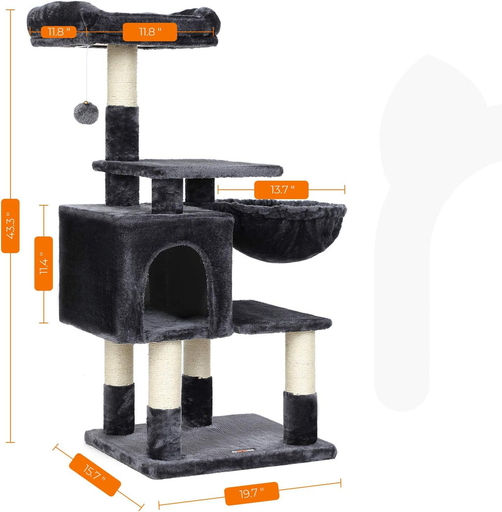 FEANDREA Multi-Level Cat Tree with Cat Cave, Basket Lounger, Padded Perch, Cat Tower, Stable and Safe Plush Cat Condo with Sisal Posts for Kitten, Old Cat, Chubby Cat, Smoky Gray UPCT052G01
