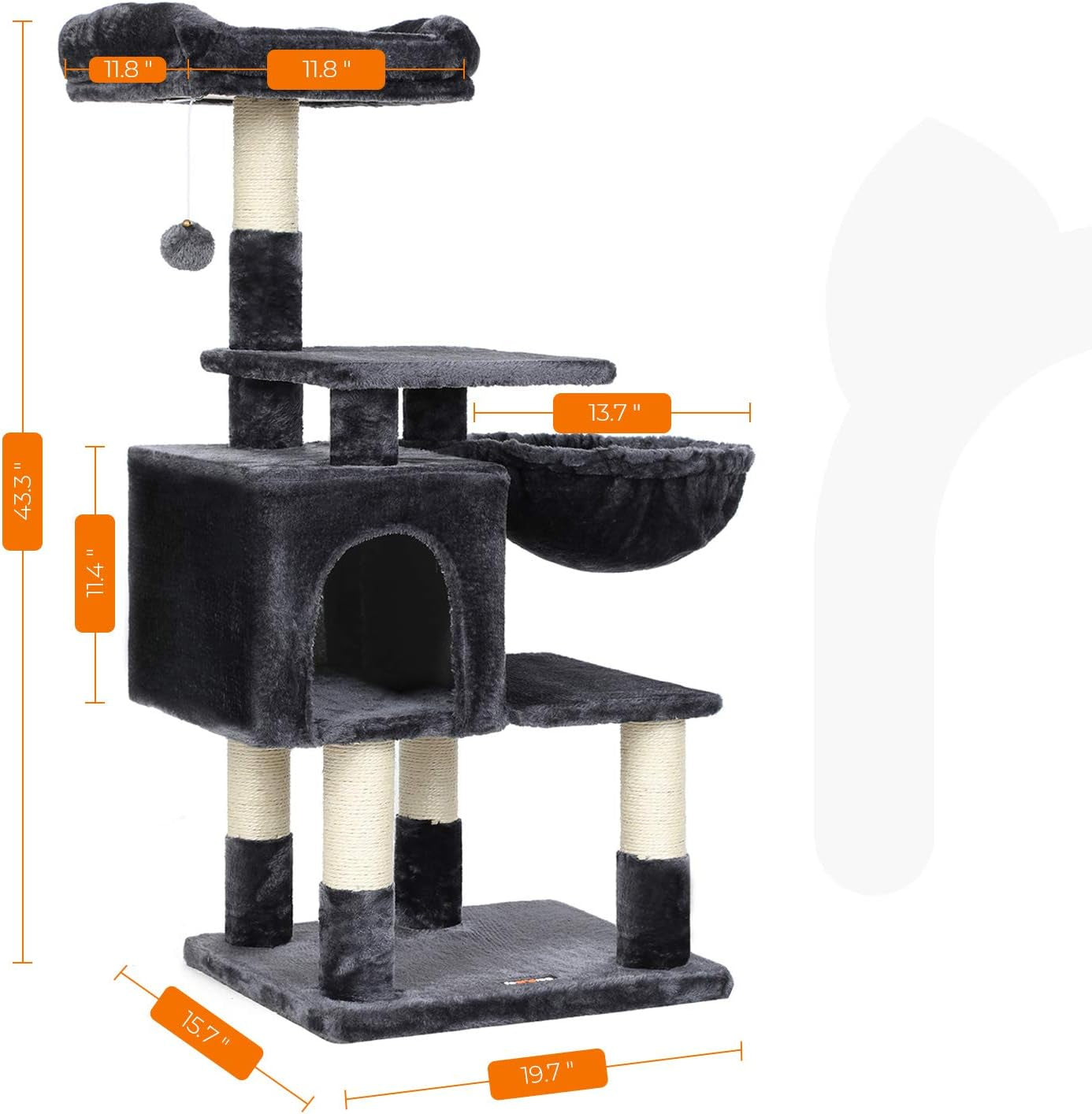 FEANDREA Multi-Level Cat Tree with Cat Cave, Basket Lounger, Padded Perch, Cat Tower, Stable and Safe Plush Cat Condo with Sisal Posts for Kitten, Old Cat, Chubby Cat, Smoky Gray UPCT052G01