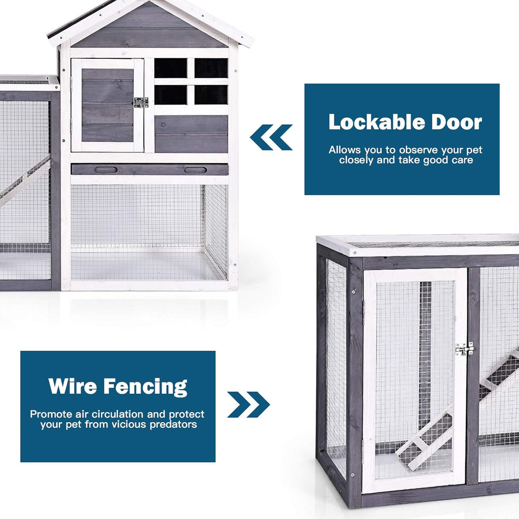 Rabbit Hutch, Indoor Outdoor Bunny Cage with Run, Wooden Rabbit Cage with Waterproof Roof & Pull Out Tray, Chicken Coop Pet House for Rabbits, Chicken and Guinea Pigs (Gray)