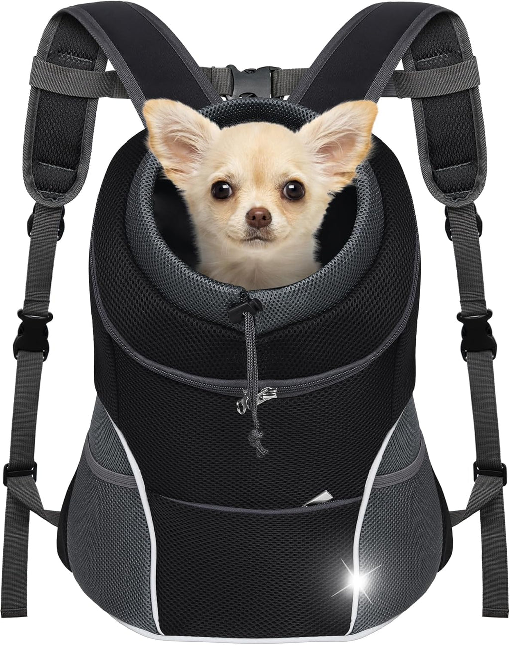 Dog Front Carrier Backpack, Adjustable Breathable Pet Carrier for Small Dogs Cats, Ventilated Puppy Back Pack with Safety Belt, Lightweight Doggy Backpack for Hiking Outdoor (Black, M)