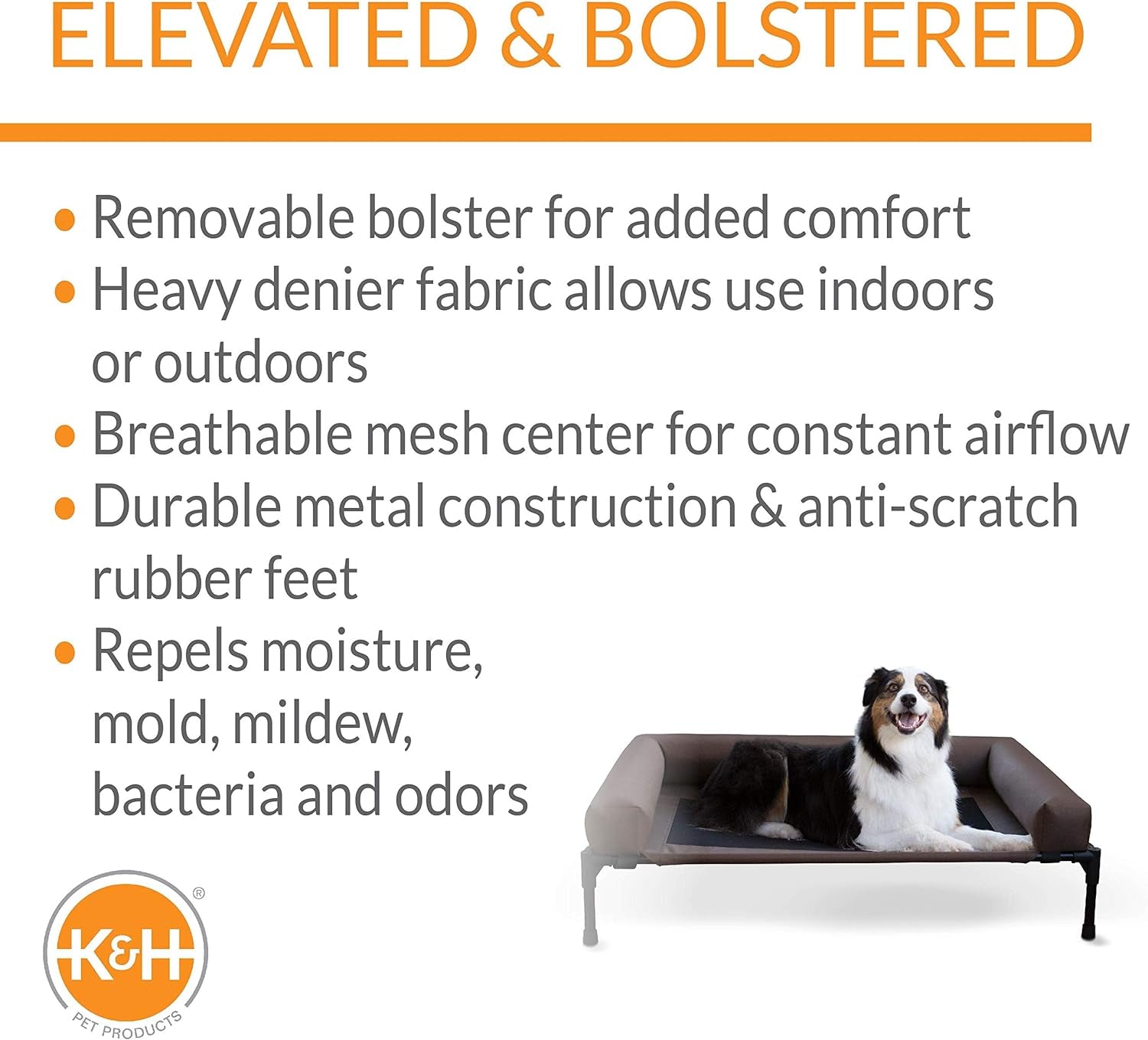 K&H Pet Products Original Bolster Pet Cot Outdoor Elevated Dog Bed with Removable Bolsters - Chocolate/Black Mesh, Large 30 X 42 X 7 Inches