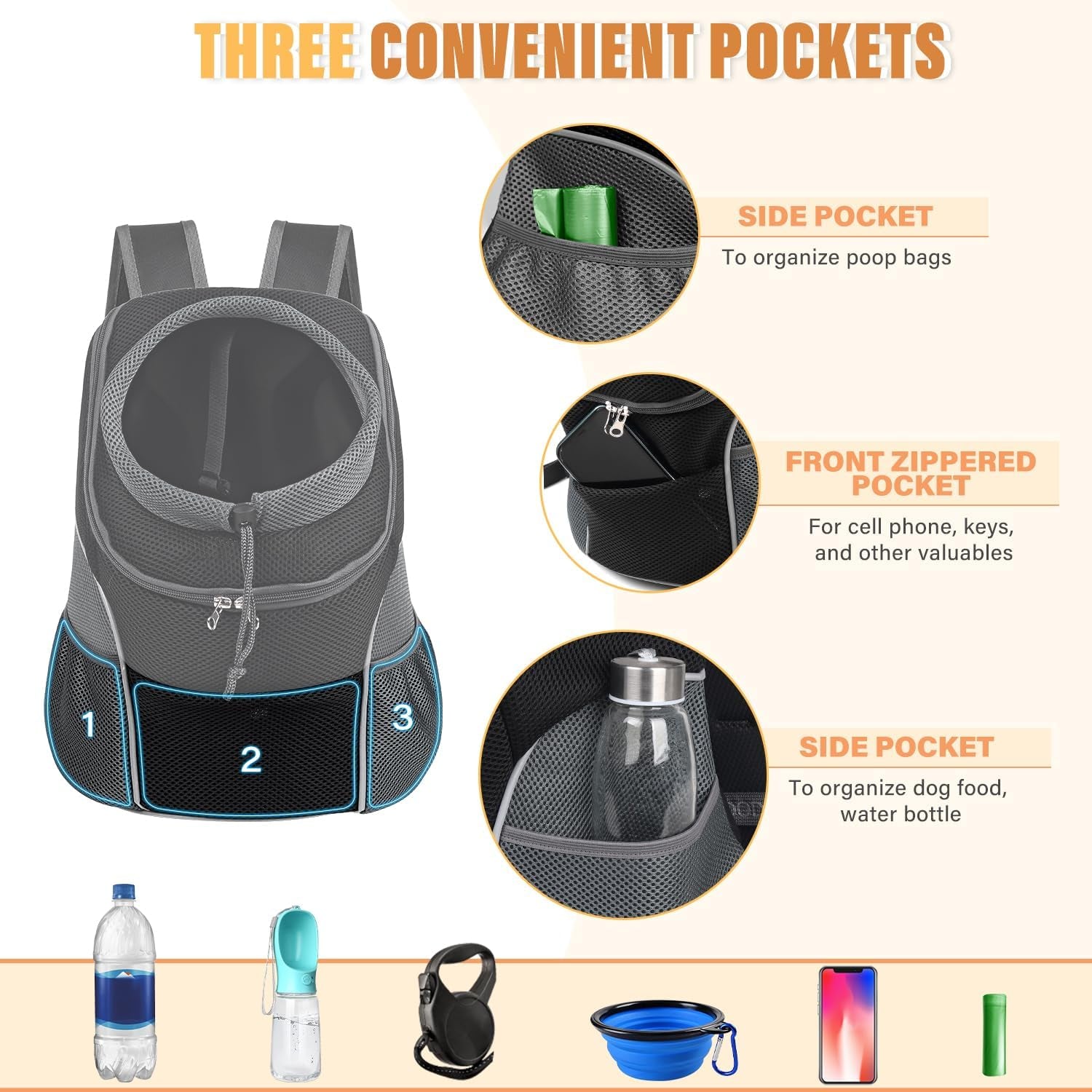 Dog Front Carrier Backpack, Adjustable Breathable Pet Carrier for Small Dogs Cats, Ventilated Puppy Back Pack with Safety Belt, Lightweight Doggy Backpack for Hiking Outdoor (Black, M)