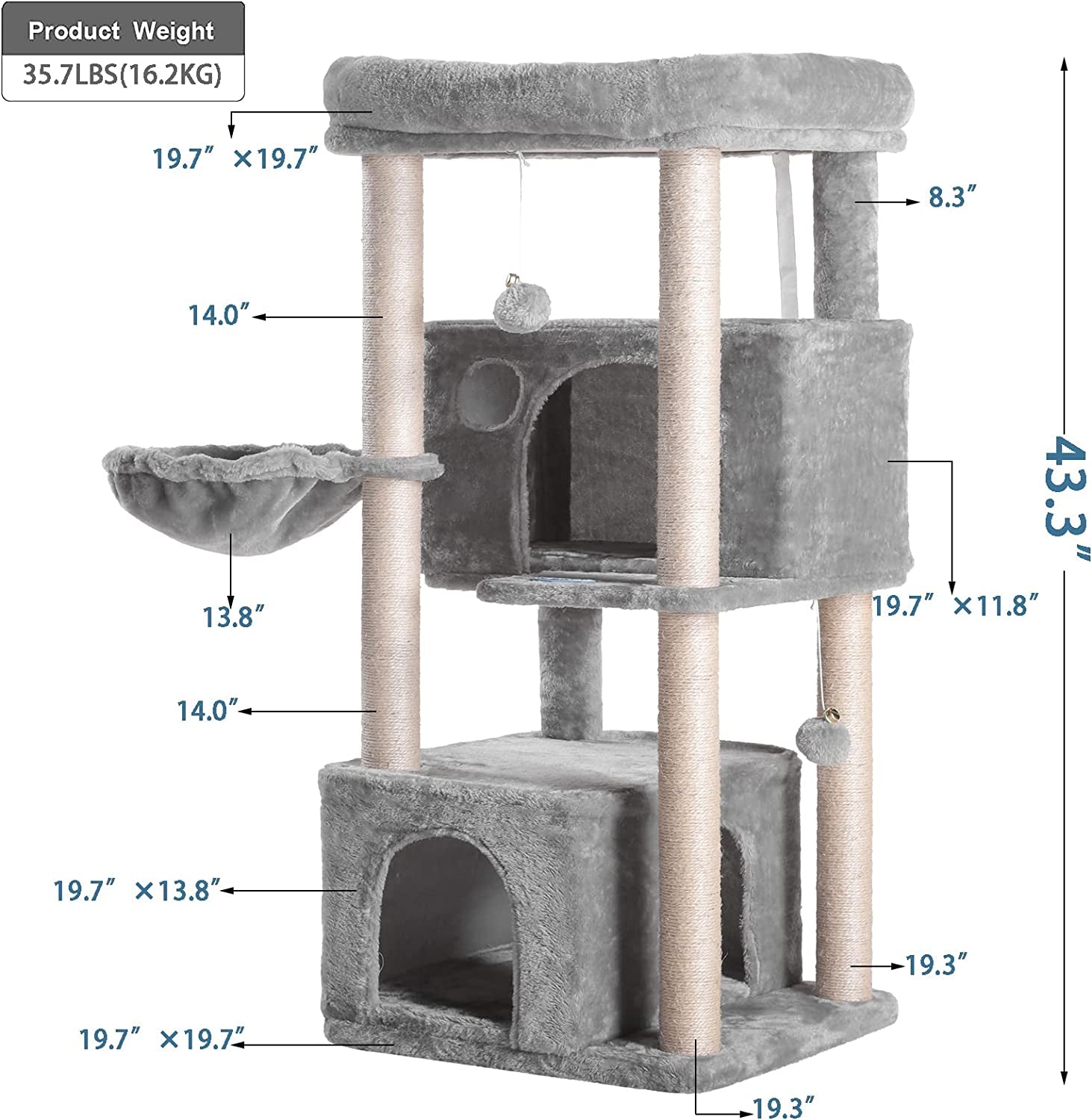 Hey-Brother Cat Tree,Multi-Level Cat Condo for Large Cat Tower Furniture with Sisal-Covered Scratching Posts, 2 Plush Condos, Big Plush Perches MPJ011W
