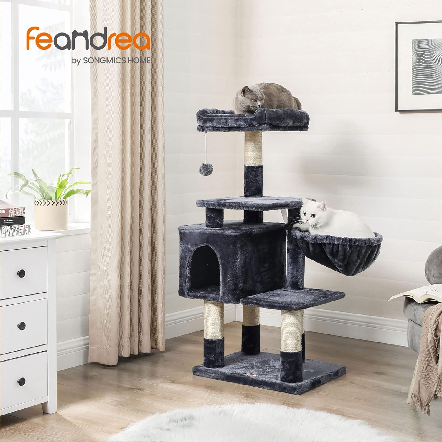 FEANDREA Multi-Level Cat Tree with Cat Cave, Basket Lounger, Padded Perch, Cat Tower, Stable and Safe Plush Cat Condo with Sisal Posts for Kitten, Old Cat, Chubby Cat, Smoky Gray UPCT052G01