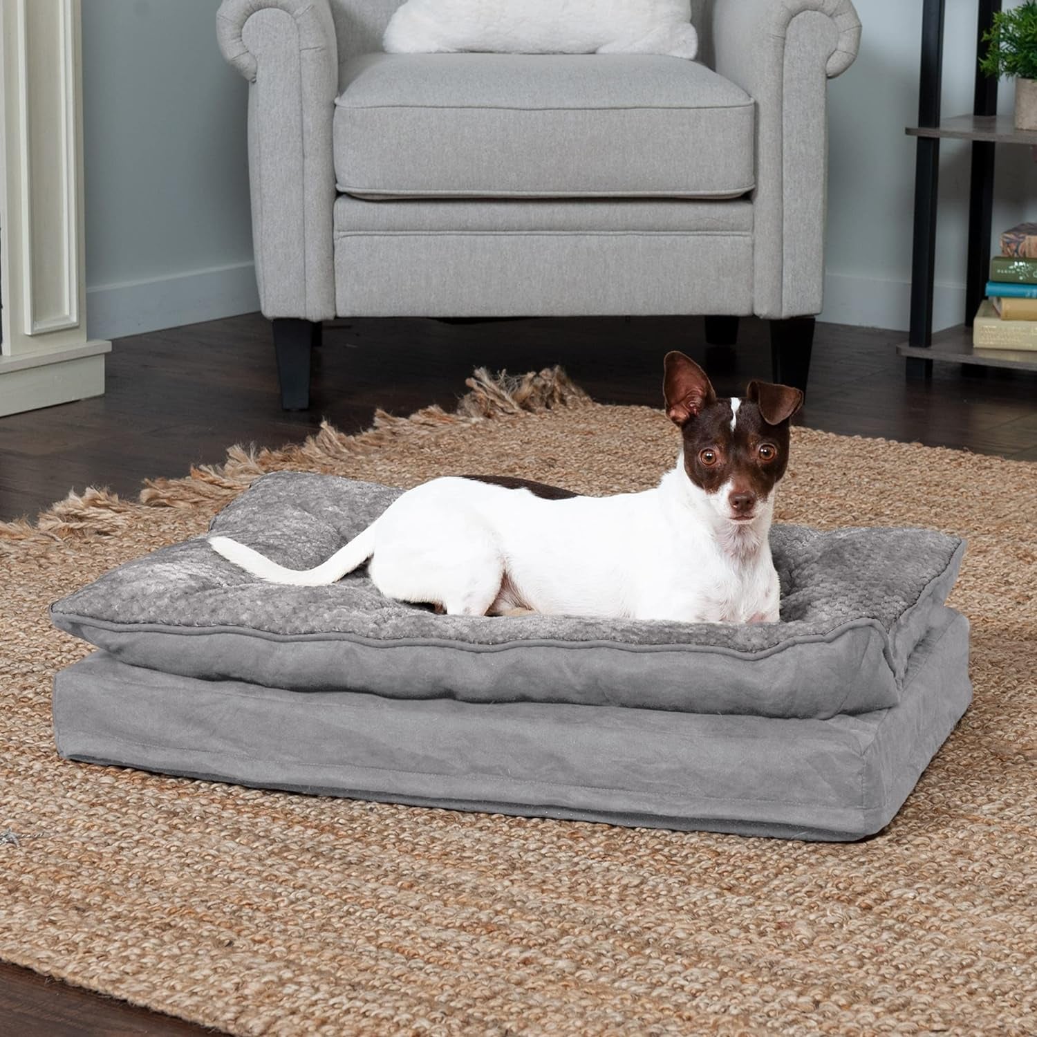 Furhaven Orthopedic Dog Bed for Medium/Small Dogs W/ Pillow Cushion Top & Removable Washable Cover, for Dogs up to 35 Lbs - Minky Plush & Suede Pillow Top Mattress - Titanium Gray, Medium