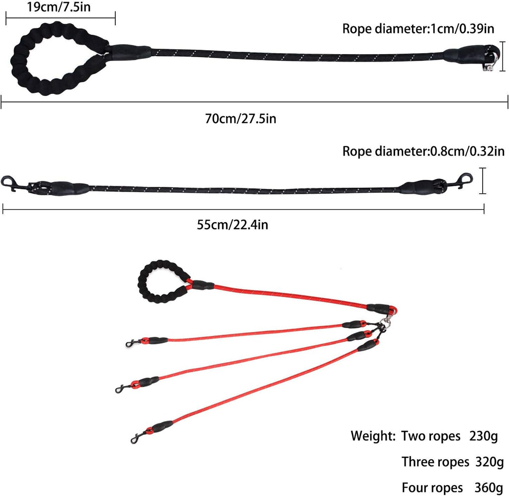 Greeney 4-Way Dog Leash, No-Tangle Multi-Dog Rope Leash, Nylon, Red