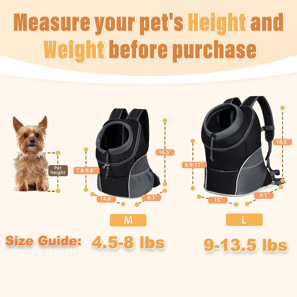 Dog Front Carrier Backpack, Adjustable Breathable Pet Carrier for Small Dogs Cats, Ventilated Puppy Back Pack with Safety Belt, Lightweight Doggy Backpack for Hiking Outdoor (Black, M)