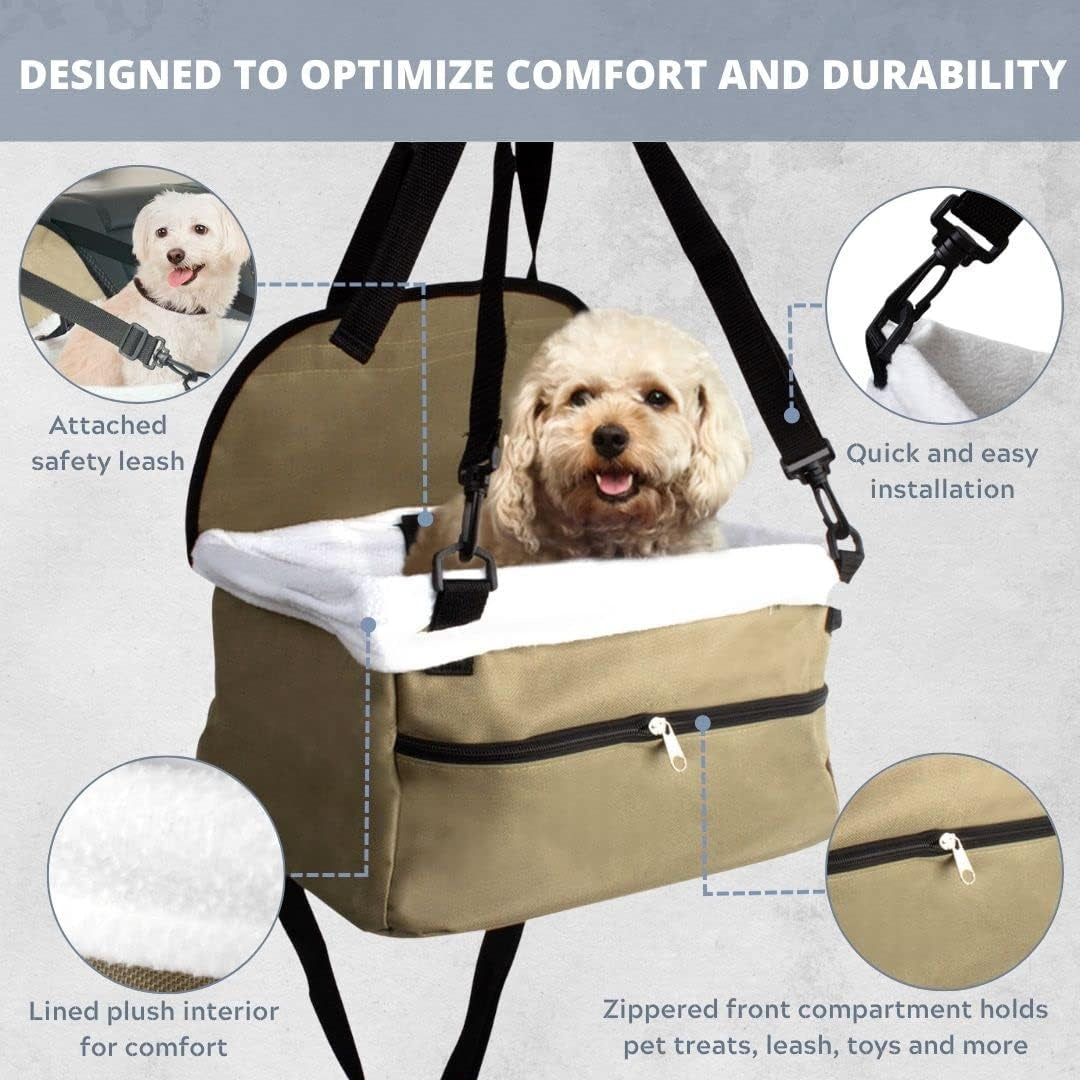 Dog Car Seat, Pet Carrier for Dogs, Puppy, Cat, Booster Seat with Safety Leash and Storage Pocket for Accessories, Portable, Soft Travel Bed for Small to Medium Sized Pets