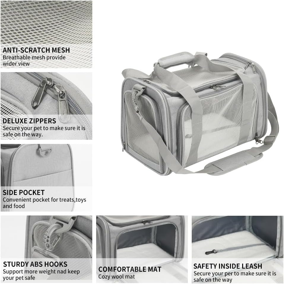 Cat and Dog Carrier, Suitable for Small and Medium-Sized Cats and Puppies, Airline-Approved Carrier, Soft Material, Foldable Travel Dog Carrier - Gray