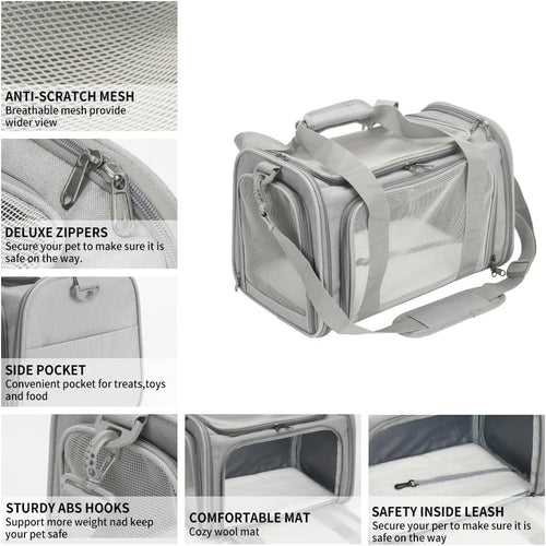 Cat and Dog Carrier, Suitable for Small and Medium-Sized Cats and Puppies, Airline-Approved Carrier, Soft Material, Foldable Travel Dog Carrier - Gray