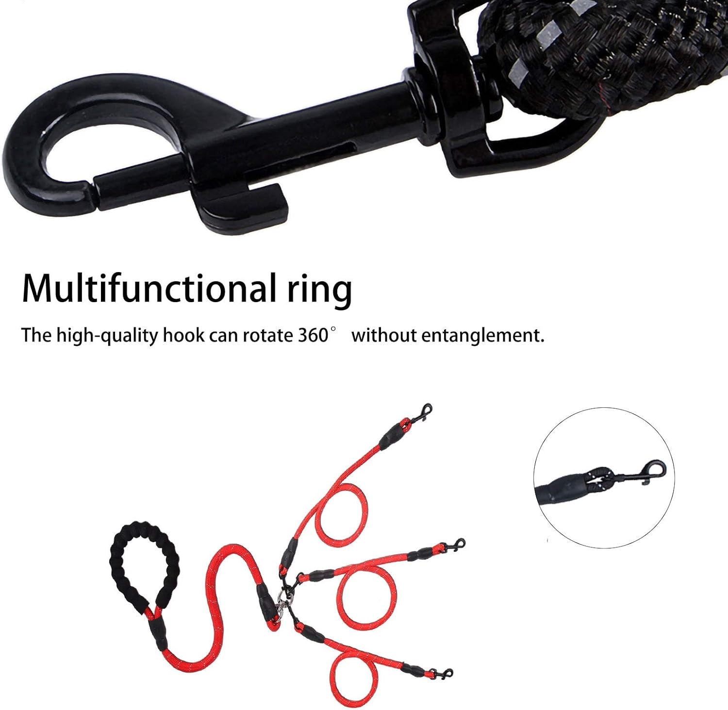 Greeney 4-Way Dog Leash, No-Tangle Multi-Dog Rope Leash, Nylon, Red