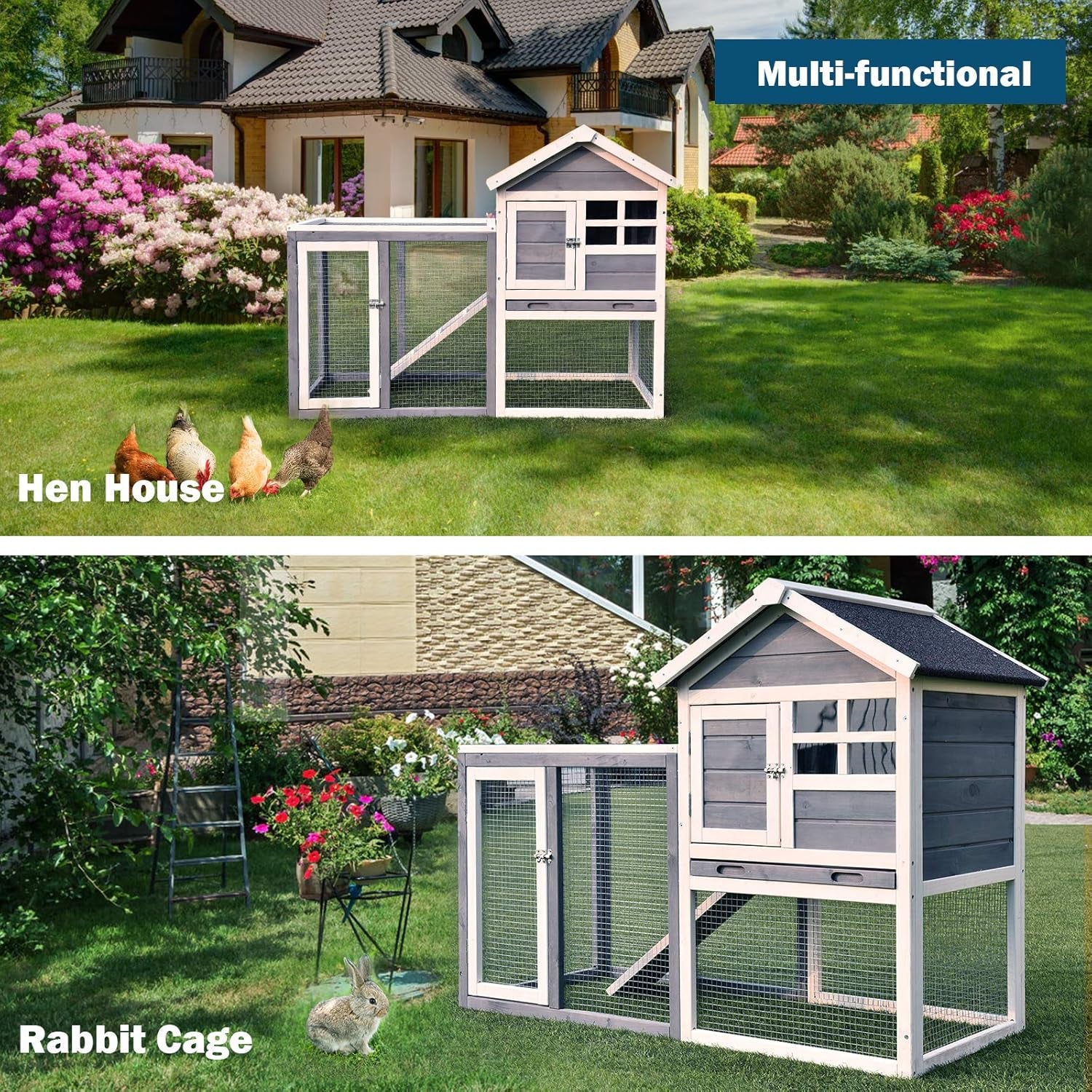 Rabbit Hutch, Indoor Outdoor Bunny Cage with Run, Wooden Rabbit Cage with Waterproof Roof & Pull Out Tray, Chicken Coop Pet House for Rabbits, Chicken and Guinea Pigs (Gray)