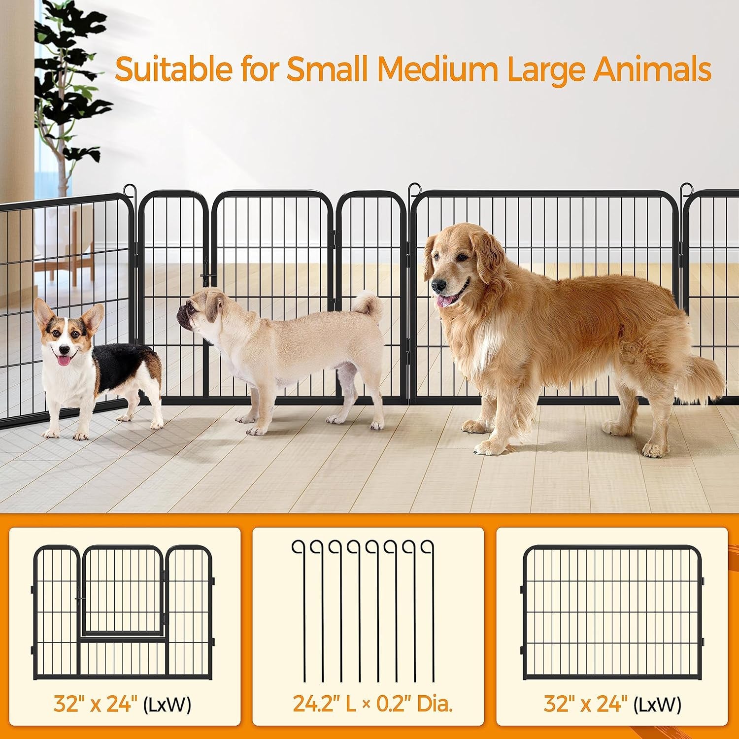 Wide Panel Dog Playpen, 8 Panels 24 Inch High Pet Pen with Gate, Portable Indoor Outdoor Fence for Small/Medium Breed Dogs