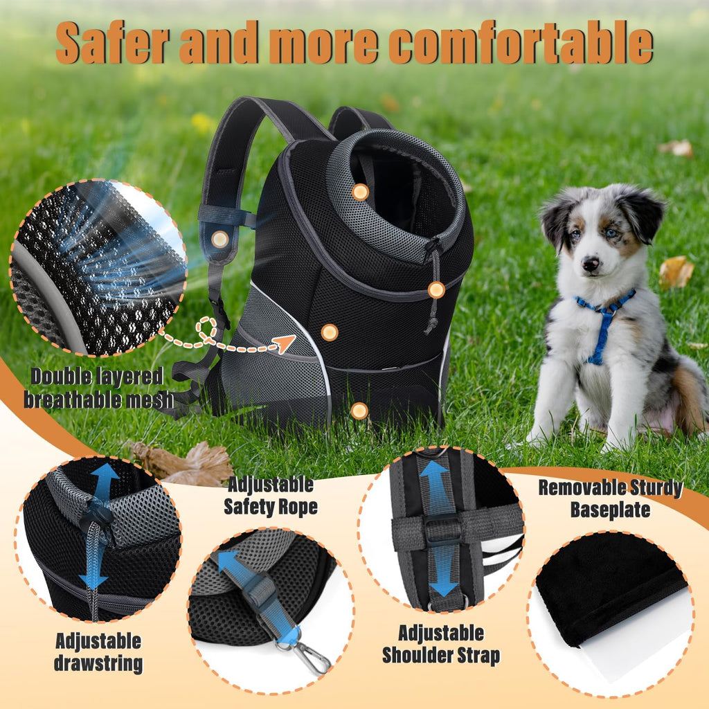 Dog Front Carrier Backpack, Adjustable Breathable Pet Carrier for Small Dogs Cats, Ventilated Puppy Back Pack with Safety Belt, Lightweight Doggy Backpack for Hiking Outdoor (Black, M)