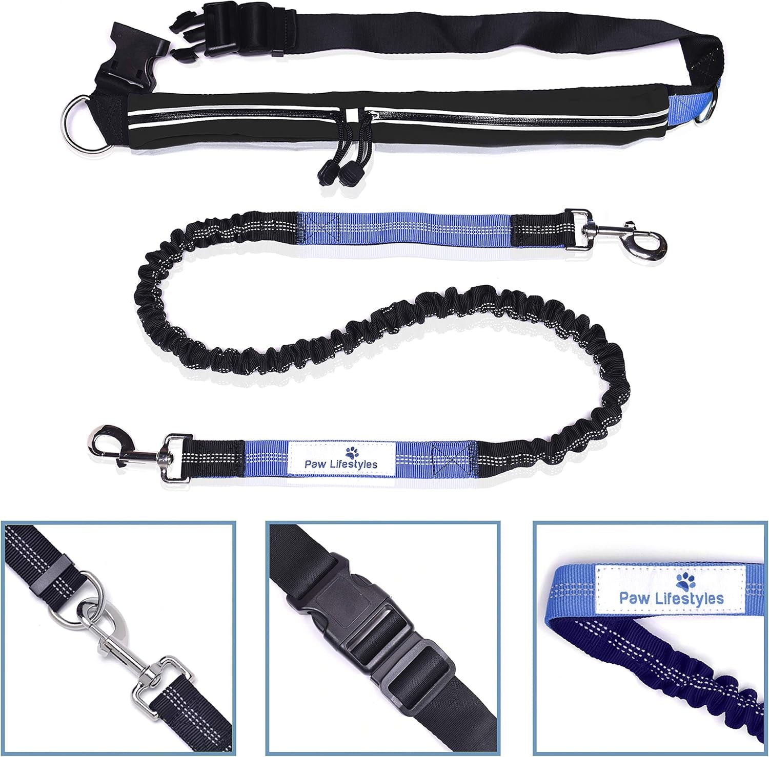 Retractable Hands Free Dog Leash W/Smartphone Pouch – Dual Handle Bungee Waist Leash for up to 150 Lbs Large Dogs (Black - Blue W/Smartphone Pouch)