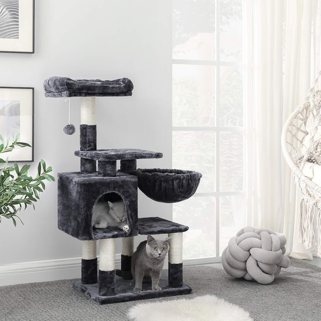FEANDREA Multi-Level Cat Tree with Cat Cave, Basket Lounger, Padded Perch, Cat Tower, Stable and Safe Plush Cat Condo with Sisal Posts for Kitten, Old Cat, Chubby Cat, Smoky Gray UPCT052G01